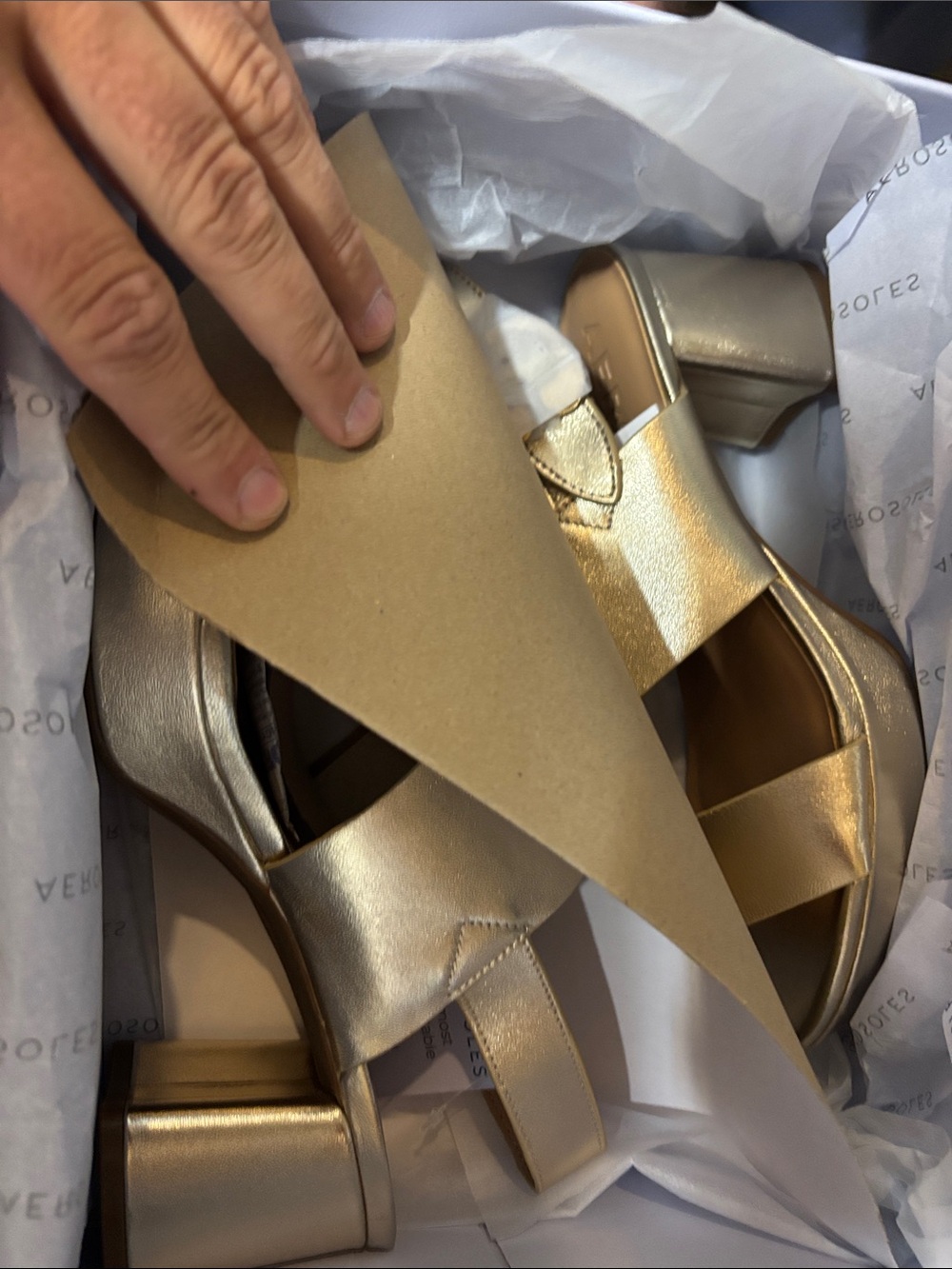 AEROSOLES Metallic Gold Low Block Heel Sandals